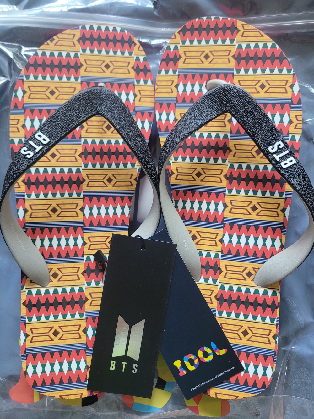 BTS Logo Flip Flops with Colorful Aztec Print